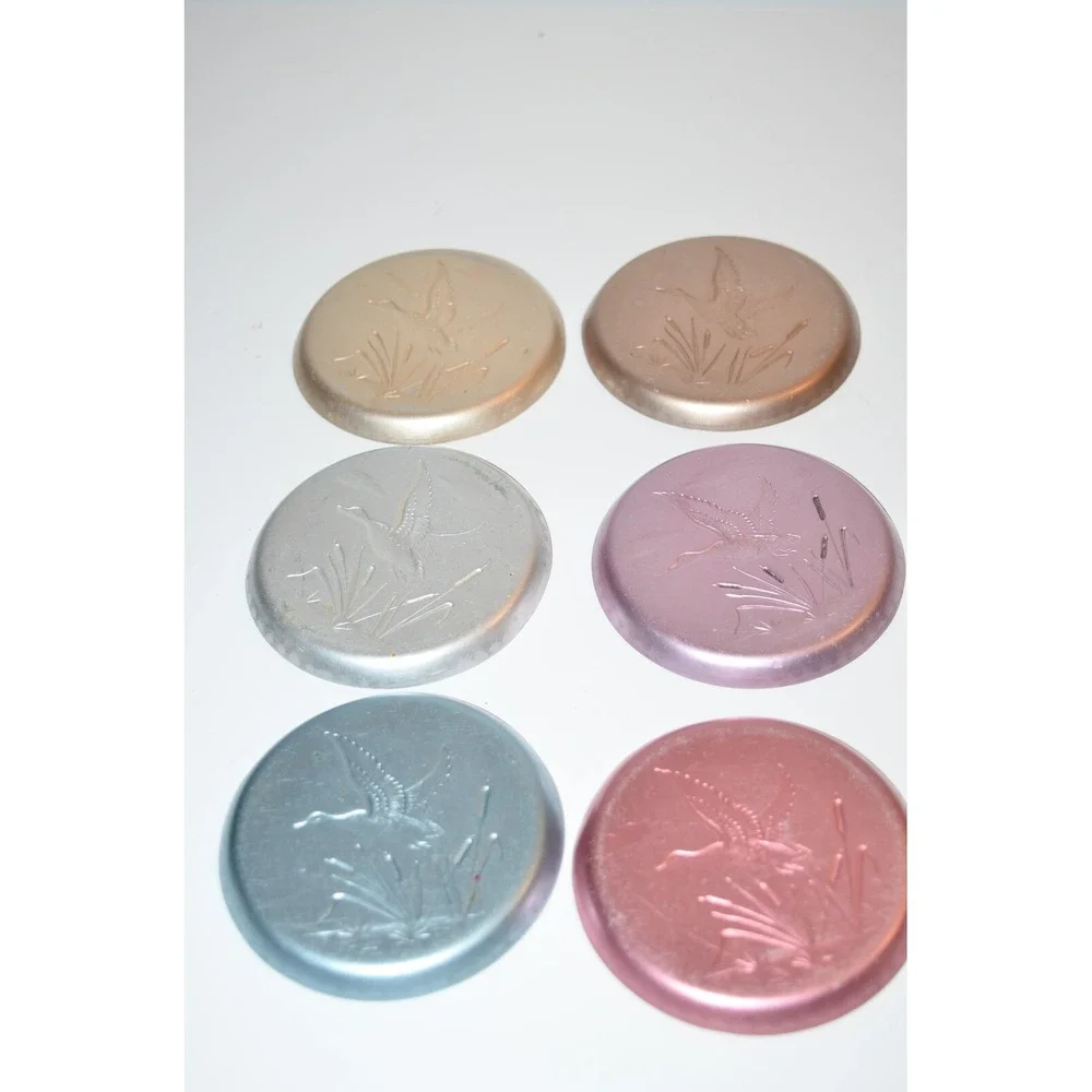 Vtg 6 pc set Ducks Flying‎ Over Cattails Embossed Aluminum Coasters